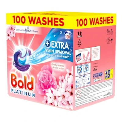 Image of Bold Platinum Pods, Laundry Detergent, Washing Liquid Pods/Capsules, 100 Washes Cherry Blossom &amp; Rose Water Extra Stain Removal Even In a Cold Wash
