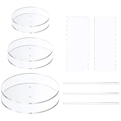 Image of GOSER Acrylic Round Cake Disk Set Discs Base Boards with Hole 2 Comb Scrapers (4 Patterns) &amp; Dowel Rod