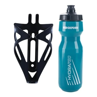 Image of Oxford Bike Bottle Holder and 750ml Teal BPA Free Water Set Durable Matt Black Cage, Universal Fit for Road Mountain Bikes, Easy Install Perfect Outdoor Cycling Hydration