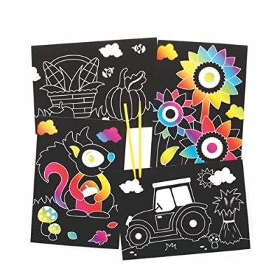 Image of Baker Ross FE684 Autumn Scratch Art Pictures Pack of 8, Engraving for Children, Creative Activities Kids, Set Boys and Girls