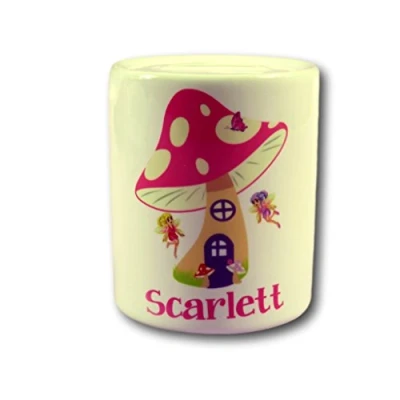 Image of the T bird Fairy money box Personalised house pot Girls fairies cute pocket