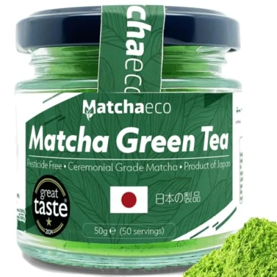 Image of Matchaeco 50g Japanese Matcha Green Tea Powder Stone Ground Ceremonial Grade From Japan Pesticide Free Recyclable Jar and Lid Vegan Baking, Cooking Kitchen Gift Ideas (50g, Matcha)
