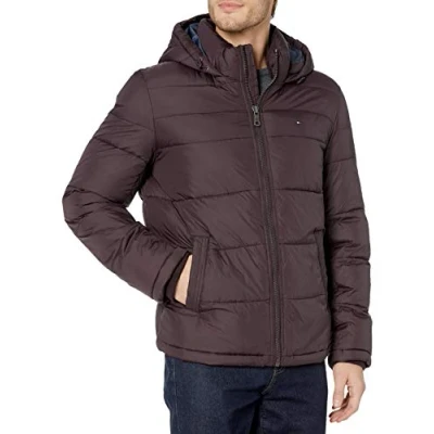 Image of Tommy Hilfiger Men&#039;s Classic Hooded Puffer Jacket (Regular and Big &amp; Tall Sizes) Down Alternative Outerwear Coat, Port, Large