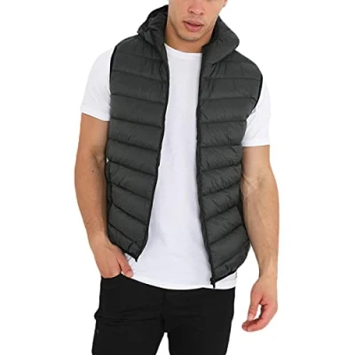Image of BRAVE SOUL Mens Sleeveless Hooded Gilet Body Warmer Padded Puffer Quilted Jacket Khaki L
