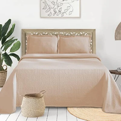 Image of Superior Cotton Fleur De Lis Bedspread Set, Warm Blankets, All Season Bedding, Bedroom Decor, Decorative Boho Medallion Coverlet, Includes 1 Bedspread, Pillow Sham, Twin, Peach