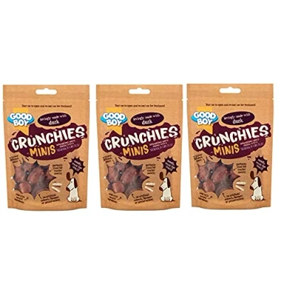 Image of GOODBOY CRUNCHIES MINIS &#039;SERIOUS CRUNCH&#039; SMALL BITE SIZE NATURAL MEATY CHUNKS DOG CHEW TREATS 60G, CHICKEN, DUCK (Duck, PACK OF 3)