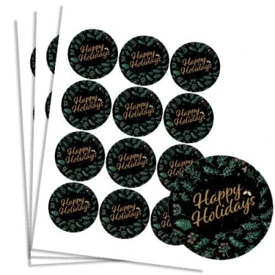 Image of Christmas Happy Holidays Black Round Stickers 60mm Sheet of 12
