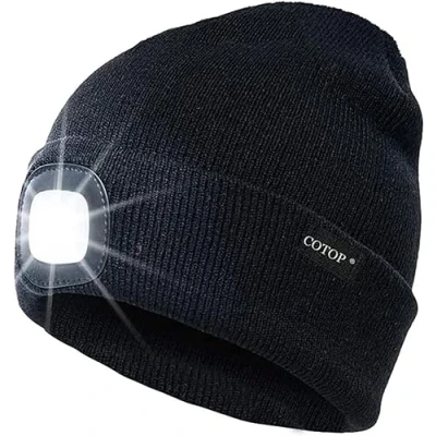 Image of COTOP Unisex LED Headlamp Beanie Cap Men&#039;s Women Gift Winter Warm Hat Hands Free Lighted for Dog Walking Night, Running, Camping,Hiking Black