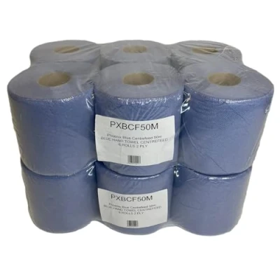 Image of Blue Centre Feed 2 Ply Embossed Paper Wipe Pull Rolls Wipes Kitchen Towel (12)