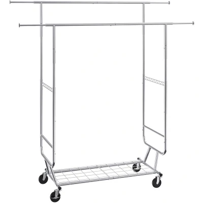Image of VEVOR Heavy Duty Clothes Rack, Double Hanging Rod Clothing Garment Rack for Clothes, Adjustable Height and Extendable Length with Bottom Storage Area, 600 lbs Load Capacity