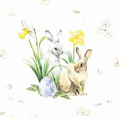 Image of 20 small cocktail napkins Little bunnies on Spring flowers Easter Table decoration Decoupage Napkin technique 25x25cm