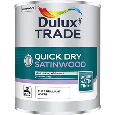 Image of Dulux Trade Quick Dry Satinwood Paint 1L Pure Brilliant White