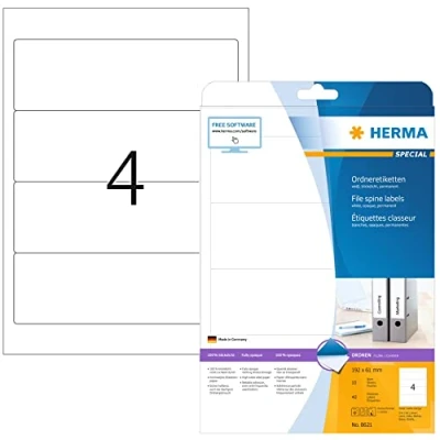 Image of HERMA Self Adhesive Spine Labels, 4 Labels per A4 Sheet, 10 Sheets, 192 x 61 mm, 40 Blank Lever Arch File Folder Stickers, Sticky for Laser &amp; Inkjet Printer, White