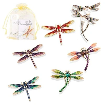 Image of 6 Pcs Dragonfly Themed Enamel Crystal Rhinestones Brooch Pin Women Jewelry Clothes Dress Scarf Decoration Lapel