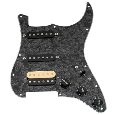 Image of Musiclily Pro Auto Split Pre wired Standard HSS Pickguard with Artec Pickups Alnico 5 Magnet for ST Style Electric Guitar, 4ply Black Pearl