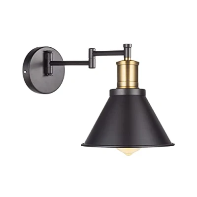 Image of Industrial Swing Arm Wall Lamp Sconce, Black Finish with Bronze Head, E27 Base Lights Fixtures for Bedroom, Bedside Reading 1 Light