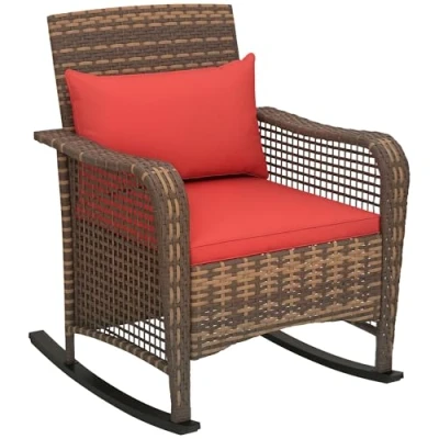 Image of Outsunny Garden Rocking Chair, Outdoor Rattan Rocker Lounge Chair with Seat and Back Cushions, Patio Armchair All weather Wicker, Steel Frame for Porch Balcony, Red