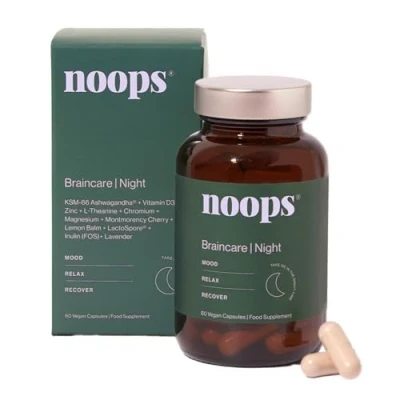 Image of Noops Nootropics Brain Care Night for Mood, Calm &amp; Relaxation with Ashwagandha KSM 66, L Theanine, Montmorency Cherry, Magnesium, Lemon Balm Lavender Supplement Complex, 60 Capsules