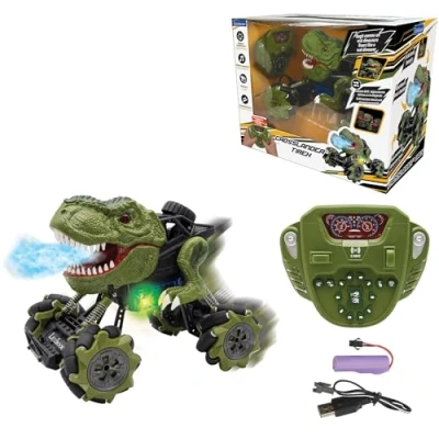 Image of Lexibook RC57, Crosslander Tirex, Remote control dinosaur, 12km/h, skids, crazy stunts, smoke and sound effects, off road car, rechargeable, child, Green