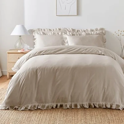 Image of Appletree Natural Frill Duvet Cover King Bedding Size (230 x 220cm) Soft 100% Cotton 2 Pillowcases Frilly Ruffle in