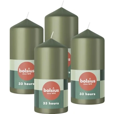 Image of Bolsius Pillar Candles Green 4 Pack 12 x 6 cm Decorative Household Long Burning Time of 33 Hours Unscented Includes Natural Vegan Wax Without Palm Oil