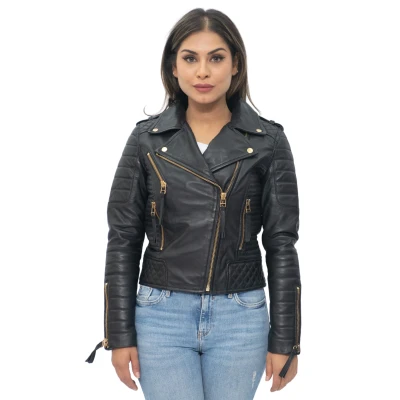 Image of Ladies Leather Biker Jacket Quilted Matte Black Gold Zip Real Nappa Goth Fashion Moto XL