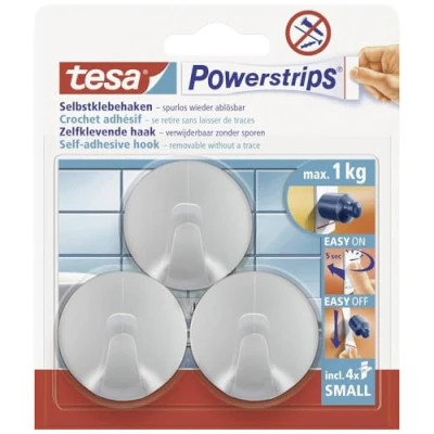 Image of tesa Powerstrips Hooks Small ROUND Removable Self Adhesive Wall Hook for Glass, Tiles, Wood, Plastic and Other Surfaces Waterproof Matt Chrome Strong Hold up to 1 kg