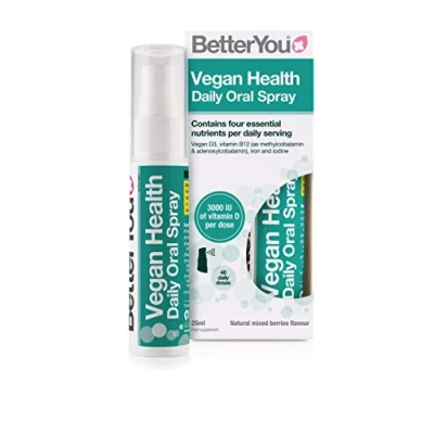 Image of BetterYou Vegan Health Daily Oral Spray, Pill free Vitamin Supplement for Vegans, Contains D, B12, Iron and Iodine, 48 day Supply, Made in the UK, Natural Mixed Berries Flavour