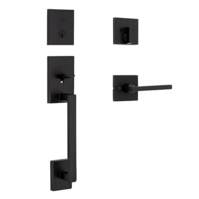 Image of Kwikset 98180 020 San Clemente Single Cylinder Low Profile Front Lock Handleset with Halifax Door Handle Lever Featuring SmartKey Security, Iron Black