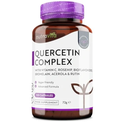 Image of Quercetin 500mg with Bromelain &amp; Vitamin C 120 Vegan Capsules for Immune Support Blended Rosehip, Bioflavonoids, Acerola and Rutin Made in The UK by Nutravita