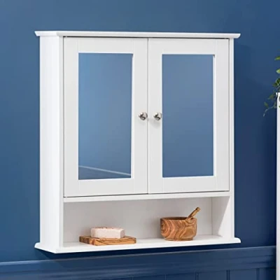 Image of CHRISTOW White Double Mirror Wall Mounted Cabinet, Wooden Bathroom Storage Furniture, 2 Door Cupboard Unit With Shelf