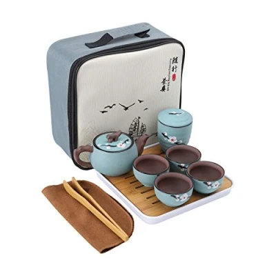 Image of fanquare Japanese Portable Travel Tea Set with Bag, Cherry Blossom Zisha Kung Fu Service for Adults, One Teapot, 4 Cups and 1 Canister