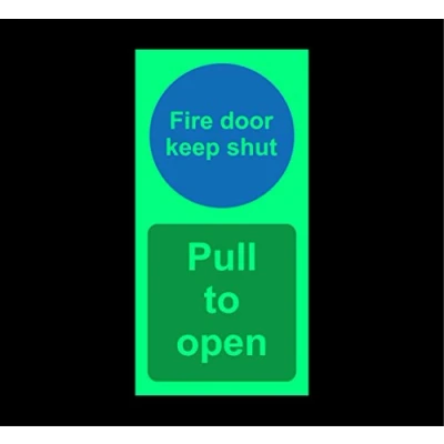 Image of Fire door keep shut pull to open Safety sign 200mm x 100mm 1.2mm Photoluminescent rigid plastic with self adhesive backing
