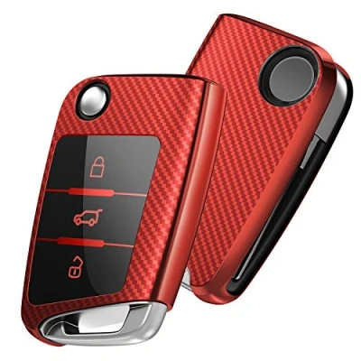 Image of OATSBASF Car Key Cover Compatible with VW,Car Case for VW Golf 7 Polo Skoda Seat TPU Silicone 3 Buttons Box (Red Stripe)