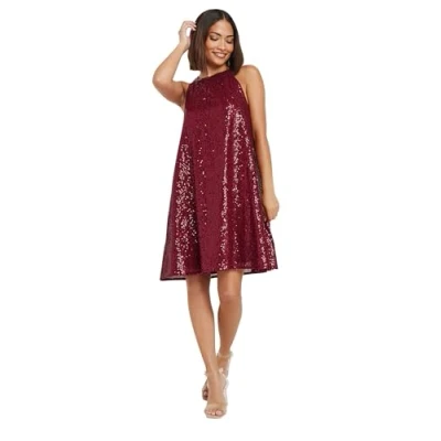 Image of PixieGirl Burgundy Red Sequin Embellished Halter Neck Dress Petite