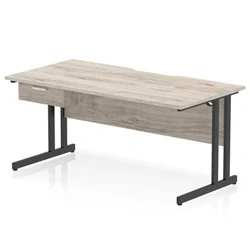 Image of Impulse 1600 x 800mm Scalloped Edge Office Desk Grey Oak Top Black Cantilever Leg Workstation 1 Drawer Fixed Pedestal