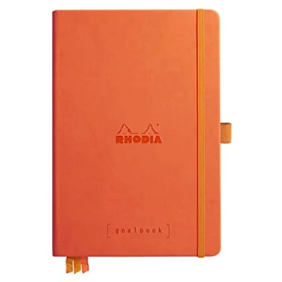 Image of RHODIA 118784C Tangerine Bullet Journal Goalbook Rigid Notebook A5 Dotted Dot 240 Pages 90g Ivory Clairefontaine Paper 3 Ribbons, Elastic Closure Faux Leather Cover