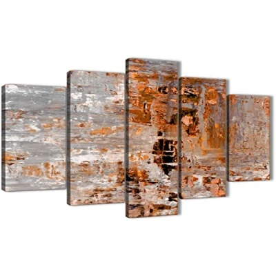 Image of Wallfillers 5 Panel Burnt Orange Grey Painting Abstract Dining Room Canvas Pictures Decor 5415 160cm XL Set Artwork