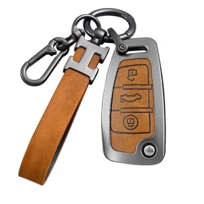 Image of RXXR Car Key Fob Case Cover Compatible with Audi A1 A3 A4 A6 A8 Quattro Q3 Q7 S3 S6 RS3 RS6 R8 TT TTS 3 Buttons Flip Zinc Alloy Shells Leather Keychain Lanyard