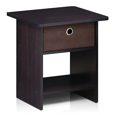 Image of Furinno Dario End Table/ Night Stand Storage Shelf with Bin Drawer, Dark Walnut