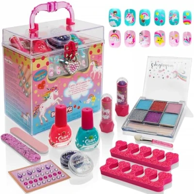 Image of Style Girlz Unicorn Carry All Cosmetic Set Make Up Kit For Girls Nail Polish Eye Shadow Lip Balm Stick On Stickers Dress Makeup
