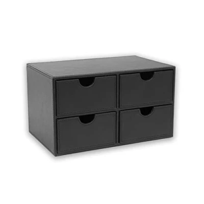 Image of OSCO Black Faux Leather 4 Drawer Chest Stationery Organiser Stackable Makeup Container Jewellery Box Not A4 Size H18.5 x W33 D20.5 cm