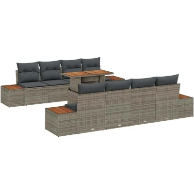 Image of vidaXL 9 Piece Garden Sofa Set with Cushions Grey Poly Rattan