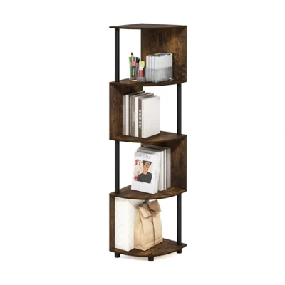 Image of Furinno Econ 4 Tier Zigzag Corner Shelf Bookcase, Bookshelf, Amber Pine/Black