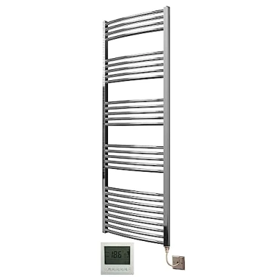 Image of Greened Hosue Electric Chrome 600W x 1600H Curved Towel Rail + Timer and Room Thermostat