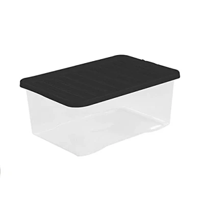 Image of KetoPlastics PACK OF 3 PLASTIC CLEAR STACKABLE STORAGE/SHOE BOXES WITH BLACK LIDS 11L