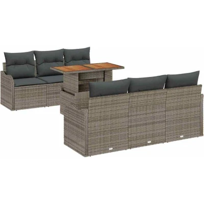 Image of vidaXL 7 Piece Garden Sofa Set with Cushions Grey Poly Rattan Acacia