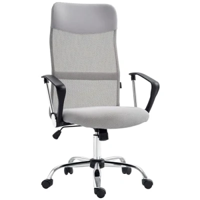 Image of HOMCOM Mesh Office Chair, High Back Desk Chair with Adjustable Height, PU Leather Panel, Swivel Wheels Light Grey