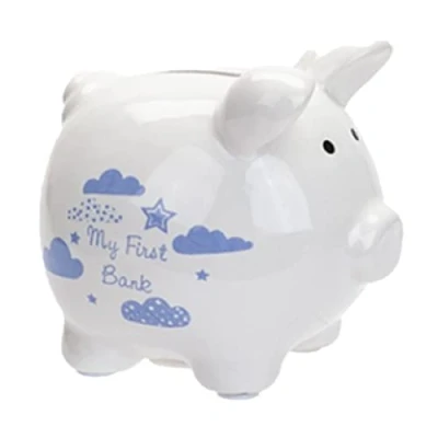 Image of My First Bank Piggy Money Box White with Stars / Clouds Blue 1364