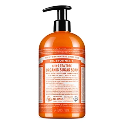 Image of Dr Bronner’s 4 in 1 Organic Tea Tree Sugar Soap, Made with Oils, and Shikakai Powder, For Hands, Body, Face &amp; Hair, Fair Trade Certified Vegan Friendly, 701ml Recycled Pump Bottle